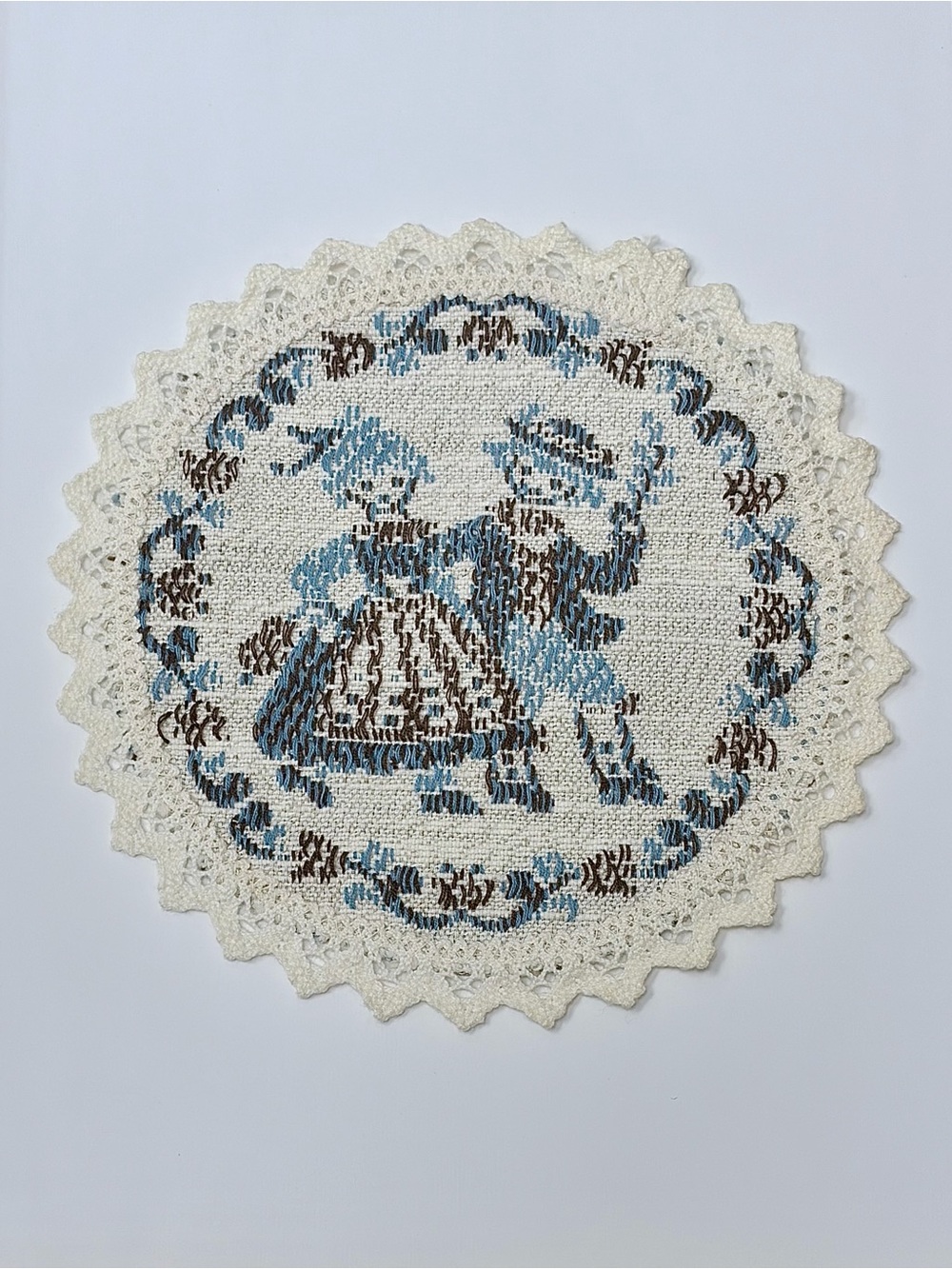 VTG Austrian Folk Art Doily Table Linen Alpine Dancers Lace Trim